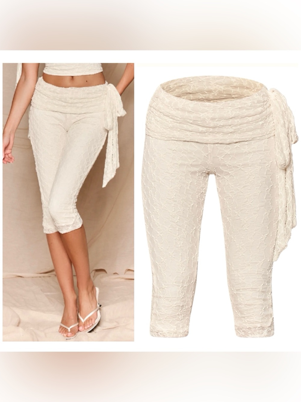 PrettyLittleThing Cream Lace Tie Knot Capri Pants Size 12 Large NWT Stretch